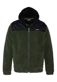 Giacca in pile verde con un yoke e cappuccio in nylon nero. Presenta una zip frontale, polsini elastici e una superficie testurizzata. Logo del marchio sul petto.