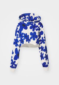 Sudadera recortada en blanco con un gran patrón floral azul. Cuenta con capucha ajustable, mangas largas y un pequeño logo de sonrisa en el pecho.