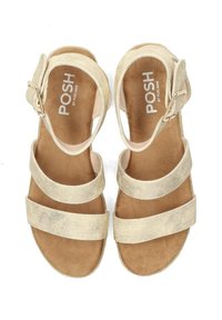 Gold metallic sandals with a textured finish, featuring three wide straps and an ankle buckle. Soft beige insoles enhance comfort.
