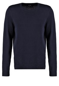 Marinblå stickad tröja med rund halsringning, långa ärmar och ribbade muddar. Tillverkad av mjukt material med en slät yta.