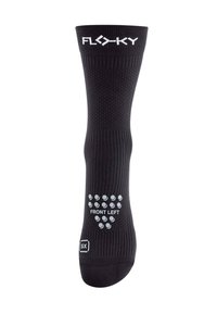 Calzino nero con tessuto texture, bordino a coste e punti di presa in silicone. Presenta l'etichetta "FRONT LEFT" e l'indicatore di taglia "SX" sulla suola.