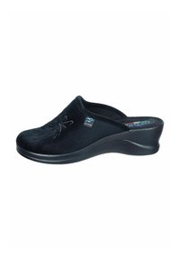 Black suede clog with a textured floral pattern, rounded toe, and a contoured black synthetic sole for added comfort and support.