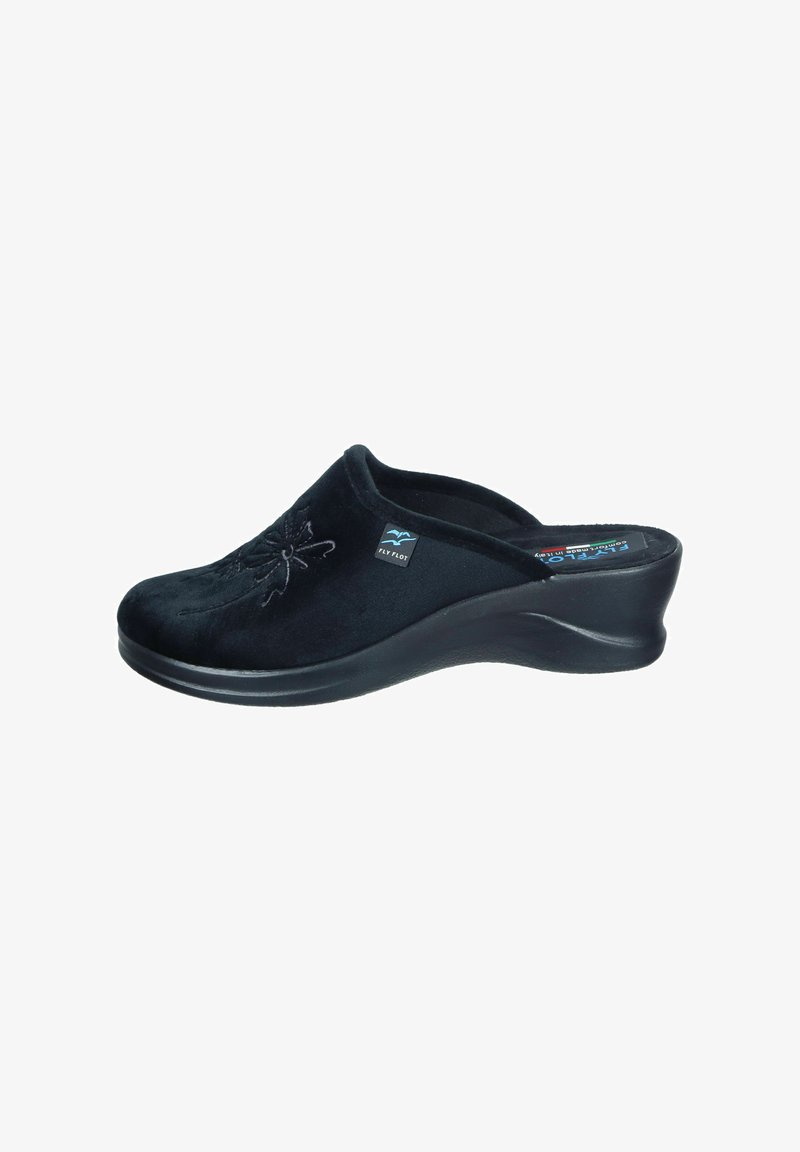 Black suede clog with a textured floral pattern, rounded toe, and a contoured black synthetic sole for added comfort and support.