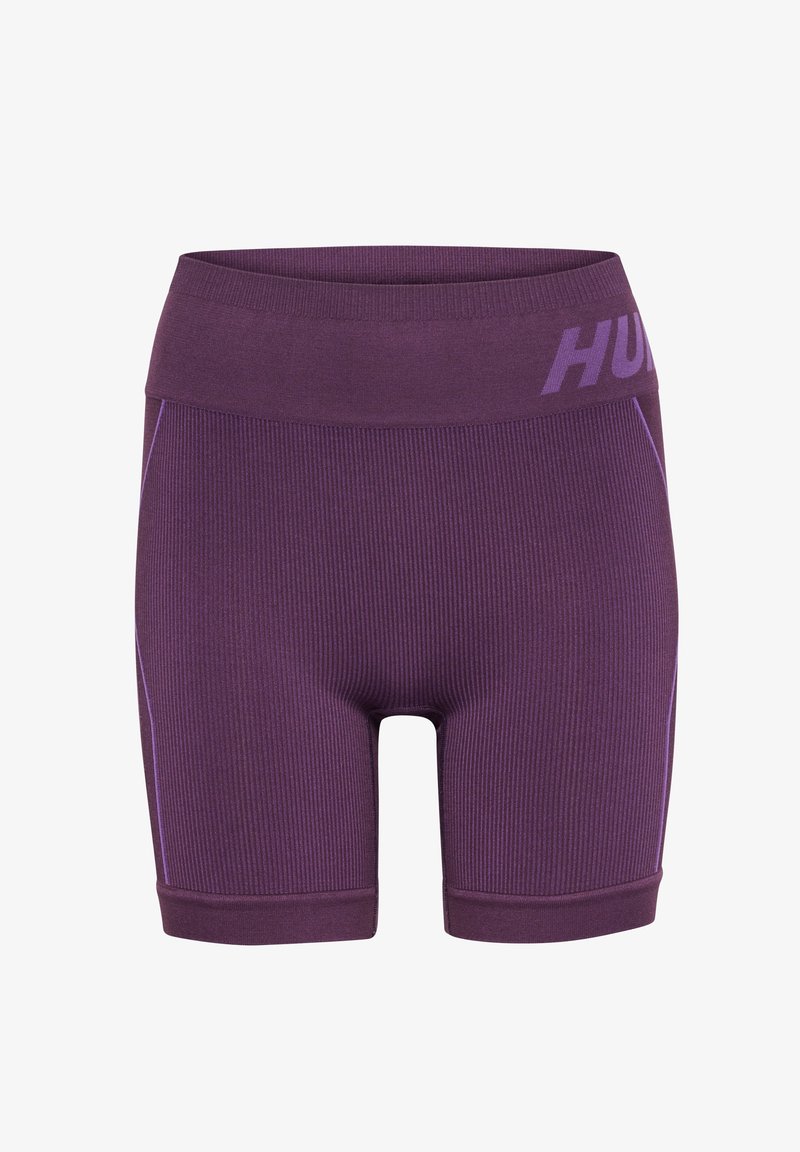 Shorts de cycliste violets côtelés taille haute avec large ceinture et détails subtils à rayures latérales, comportant du texte partiel de la marque sur la ceinture.