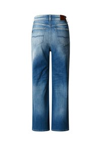 Zilas džinsa bikses ar izbalējušu mazgāšanu, divām aizmugurējām kabatām, taisnu kāju griezumu un brūnu ādas uzlīmi jostasvietā.