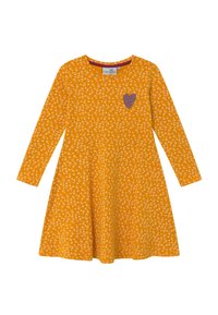 Pitkähihaista mekkoa kirkkaan oranssina, jossa on pieni violetti sydänappliikki ja valkoisia kukkakuosisia yksityiskohtia. Valmistettu pehmeästä kankaasta.