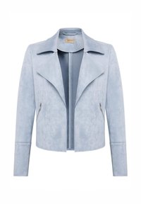 Jasnoniebieska kurtka z ekoskóry z kołnierzem z wycięciem, zamkiem błyskawicznym z przodu i kieszeniami bocznymi na zamek. Gładka tekstura, dopasowany krój.