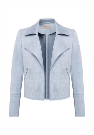 Hellblaue Jacke aus Kunstveloursleder mit Reverskragen, durchgehendem Reißverschluss vorne und seitlichen Reißverschlusstaschen. Glatte Textur, taillierte Passform.