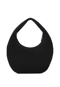 Μαύρη τσάντα χειρός από ύφασμα με λεία υφή, σε σχήμα χόμπο, και καμπύλη λαβή. Διαθέτει κλείσιμο με φερμουάρ στην κορυφή.