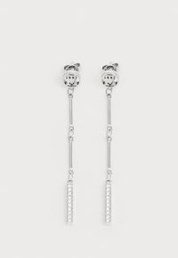 Silver drop earrings featuring a bar design adorned with multiple clear crystals, connected by a thin chain. Simple stud backing.
