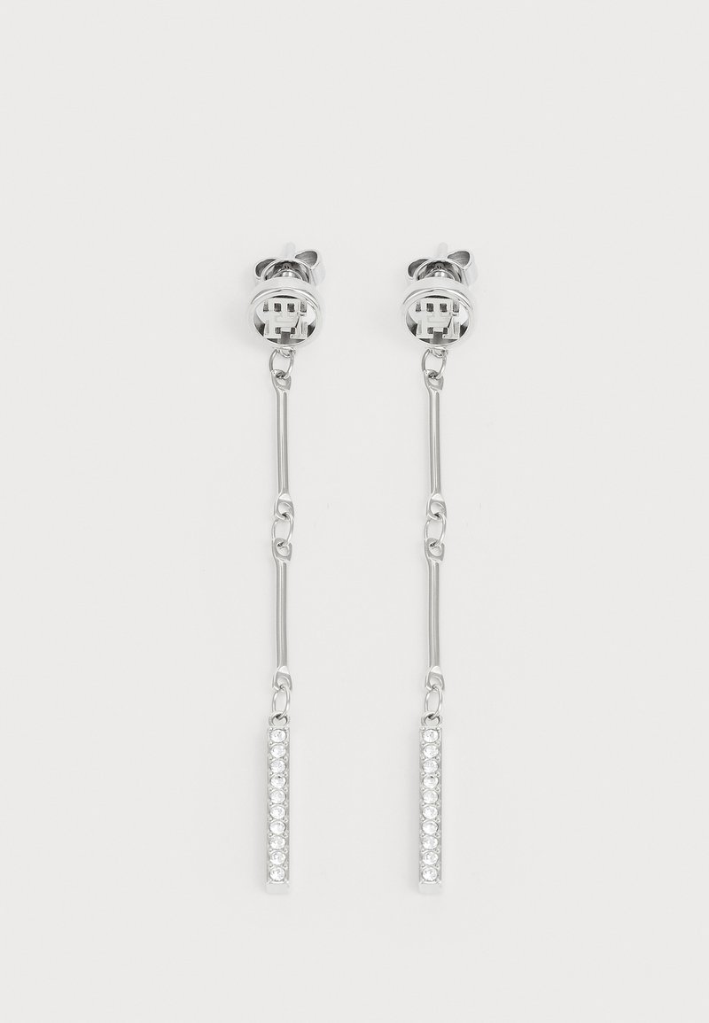 Silver drop earrings featuring a bar design adorned with multiple clear crystals, connected by a thin chain. Simple stud backing.