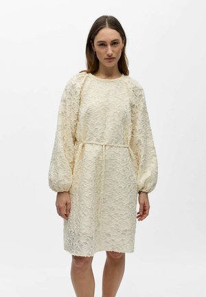 Mujer de cabello largo y castaño lleva un vestido crema de encaje hasta la rodilla, con mangas largas abullonadas y un lazo delgado en la cintura, de pie contra un fondo blanco.