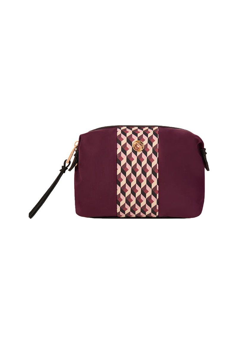Trousse de maquillage violette avec un motif géométrique rose et beige sur le devant, dotée d'un bouton doré et d'une fermeture éclair noire.