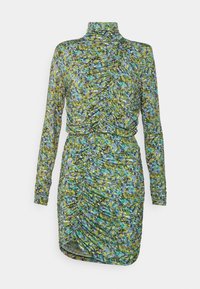 Klänning med lång ärm och hög hals, tillverkad av elastiskt material. Har ett grönt blommigt mönster med rynkning längs kroppen och fållen.