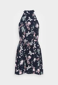 Blumenkleid mit Halfter-Design aus marineblauem Stoff, mit rosa und weißen Blumenmustern, einem Bindegürtel in der Taille und einem gerafften Ausschnitt.