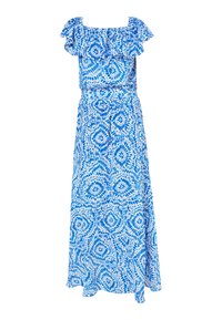 Rochie lungă albastră cu decolteu bufant fără umeri, având un model floral în nuanțe variate de albastru. Material moale, ușor.