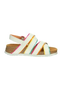 White sandals featuring three wide straps with colorful accents in pink, yellow, and teal. Cork midsole with a textured sole for traction.