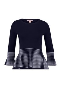 Haut bleu marine côtelé avec des rayures blanches horizontales à l'ourlet. Comprend des manches longues évasées et une coupe peplum. Encolure ronde.