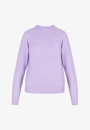 Lila Pullover aus weichem Strickstoff mit klassischem Rundhalsausschnitt, langen Ärmeln und geripptem Saum. Einfaches Design ohne sichtbare Muster.