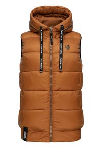Gilet en duvet marron avec capuche, doté d'une fermeture éclair sur le devant, de panneaux latéraux noirs, de cordons de serrage avec logo de la marque, et d'un logo sur la poitrine.