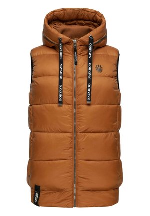 Gilet en duvet marron avec capuche, doté d'une fermeture éclair sur le devant, de panneaux latéraux noirs, de cordons de serrage avec logo de la marque, et d'un logo sur la poitrine.