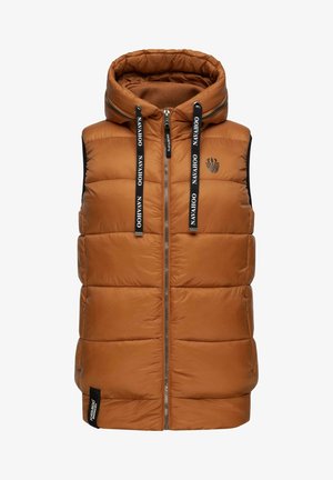 Bruine puffer vest met een capuchon, voorzien van een ritssluiting aan de voorkant, zwarte zijkanten, gemerkte trekkoorden en een logo op de borst.