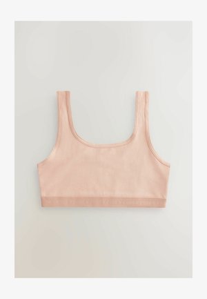 Hellrosa Baumwoll-Bralette mit breiten Trägern, einem runden Ausschnitt und einem dezenten elastischen Bund, der das Wort "NEXT" an der Unterseite geprägt zeigt.