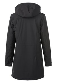 Svart lång rock med huva, tillverkad av vattenavvisande material, med en slät textur och minimalistisk design utan synlig hårdvara.