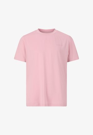 Yksinkertainen vaaleanpunainen lyhythihainen T-paita, jossa on pyöreä kaulus ja hentoa "ENDURANCE"-tekstiä vasemman rinnan yläosassa.