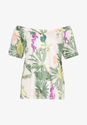 Bílé off-shoulder tričko s krátkými rukávy, které je zdobené zelenými tropickými listy a fialovými a oranžovými květinovými vzory.