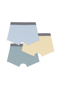 Τρία ζευγάρια ριγέ μποξέρ σε ανοιχτό γαλάζιο, τιρκουάζ και κίτρινο, το καθένα με αντίθετη ζώνη μέσης σε μαύρο και λευκό.