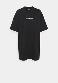 Svart oversized t-shirt i bomull med rund hals och korta ärmar, med en vit logografi på framsidan.