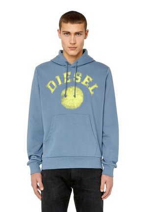Blue hoodie with a yellow "DIESEL" logo and circular accent. Made of soft fabric, it features a front pocket and drawstring hood.