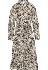 Långärmad knapp-up klänning i en krämfärgad bas med ett svart och grönt abstrakt mönster, med en midjeband och krage.