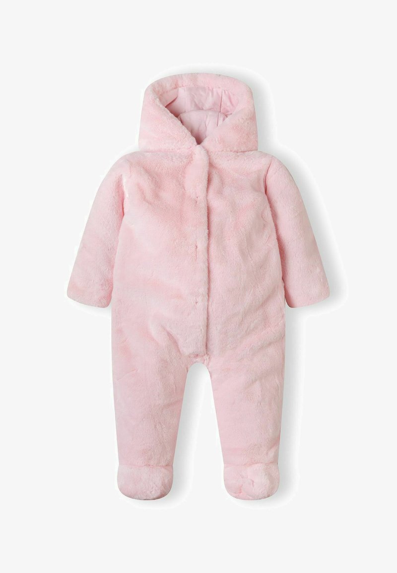 Rosa kuschelige Babysprungjacke mit Kapuze, langen Ärmeln und Fußdesign. Weicher Stoff mit einer glatten Textur und ohne sichtbare Muster oder Akzente.