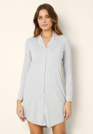 Light grey long-sleeve nightdress with a button-down front, white piping accents, and a single chest pocket. Soft fabric texture.
