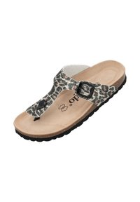 Flip-Flop Sandale mit Leopardenmuster, schwarzem Schnallenverschluss, beigem Fußbett und strukturiertem schwarzem Außensohle. Entworfen für Komfort und lässigen Stil.