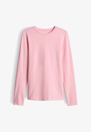 Camicia a maniche lunghe rosa chiaro con colletto rotondo, realizzata in un tessuto morbido. I polsini e l'orlo sono rifiniti con cuciture precise.