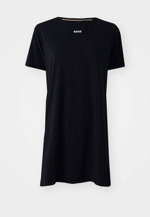 Black short-sleeve t-shirt dress in soft fabric, featuring a crew neck and "BOSS" logo in white positioned at the center of the chest.