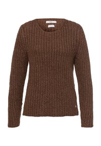 Pull en tricot marron avec un tissage texturé, encolure ronde et manches longues. Présente une étiquette logo discrète sur la couture latérale inférieure.