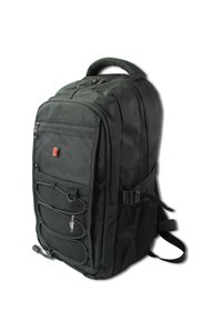 Sac à dos en tissu noir avec plusieurs compartiments zippés, poche latérale en mesh, poignée rembourrée, sangles réglables et une texture extérieure.