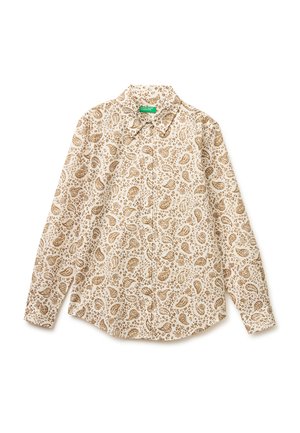 Langärmliges Hemd mit Knöpfen, tanfarbenem Paisley-Muster auf cremefarbenem Hintergrund, klassischem Kragen und einer einzelnen Brusttasche.