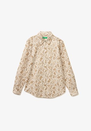Koszula z długim rękawem zapinana na guziki, z wzorem paisley w kolorze jasnobrązowym na kremowym tle, klasycznym kołnierzem i pojedynczą kieszenią na piersi.