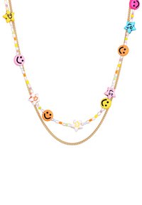 Farverig, perlekæde med smilende ansigt og stjerne charms. Har en guldfarvet metal kæde, pastelfarvede perler og legende designs.