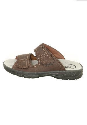 Brown leather open-toe slide sandal with two adjustable hook-and-loop straps and a cushioned black sole.