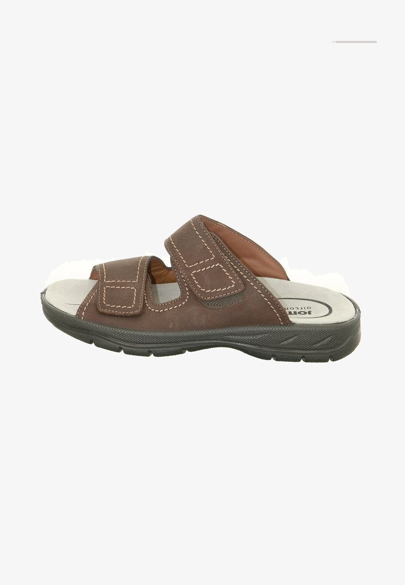 Brown leather open-toe slide sandal with two adjustable hook-and-loop straps and a cushioned black sole.