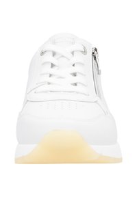White sneaker with a smooth leather upper, lace closure, a zip accent on the side, and a light yellow rubber sole. Perforated toe detail.