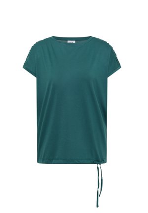 Blouse courte à manches courtes de couleur sarcelle avec encolure ronde, détails froncés sur les manches et cordon ajustable à l'ourlet du côté droit.