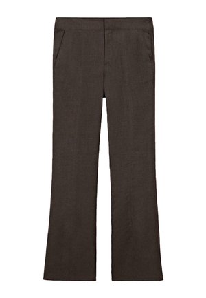 Pantaloni marrone scuro a gamba dritta con tasche laterali e fronte piatto, mostrati su sfondo bianco.