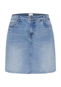 Light blue denim skirt with a straight silhouette, a raw hem, front pockets, and a metal button closure. The fabric has a soft texture.